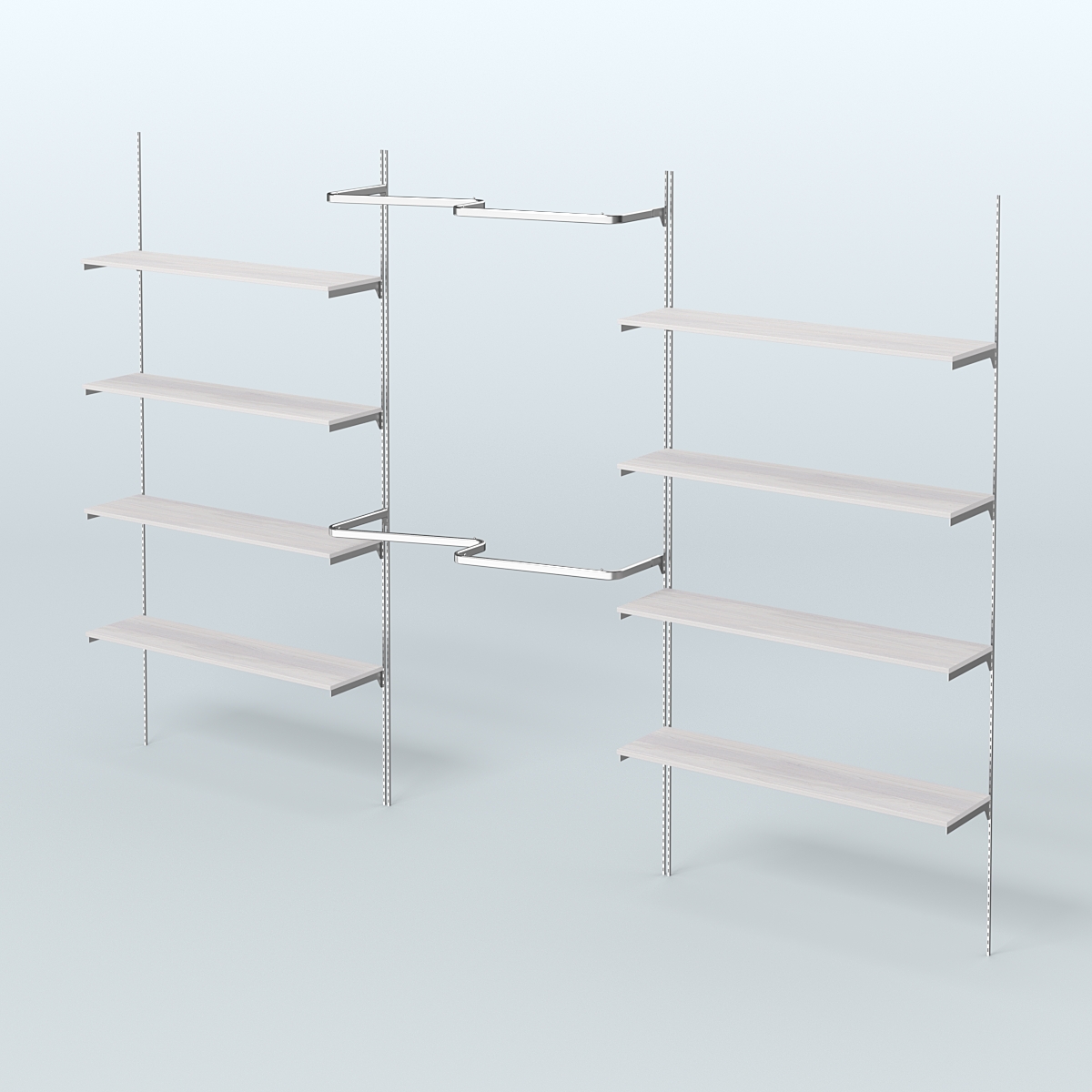 Neo Fix №7(М) настенная система с полками из ДСП поручнями из хрома (3600 мм) Ясень Анкор светлый