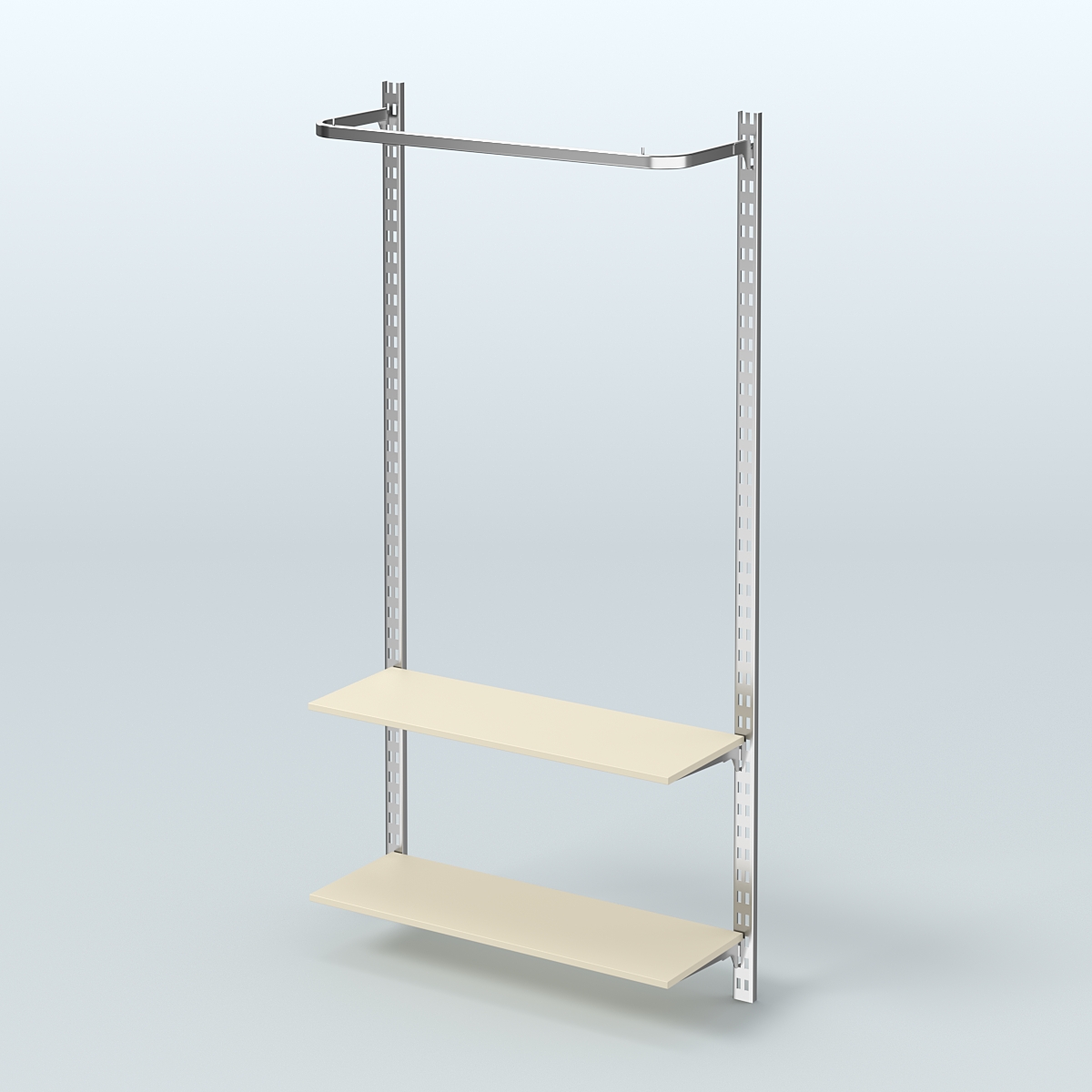 Настенная система для торговли одеждой METAL с поручнем и полками из ДСП без задней стенки шириной 1000 мм №8 Крем Вайс