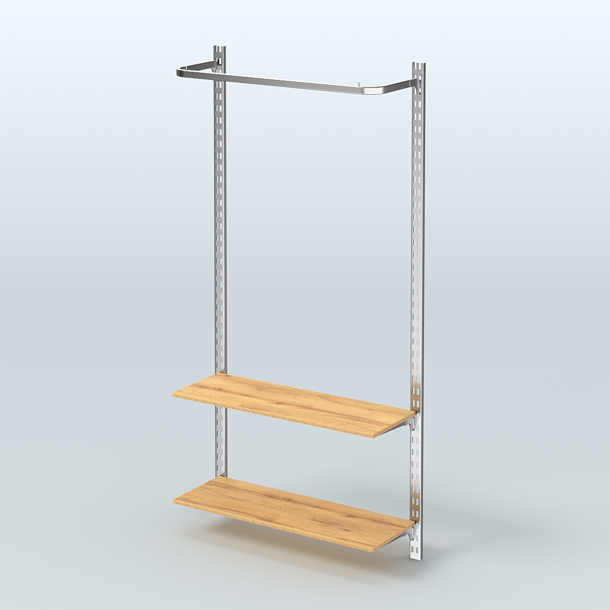 Настенная система для торговли одеждой METAL с поручнем и полками из ДСП без задней стенки шириной 1000 мм №8 Дуб Золотистый