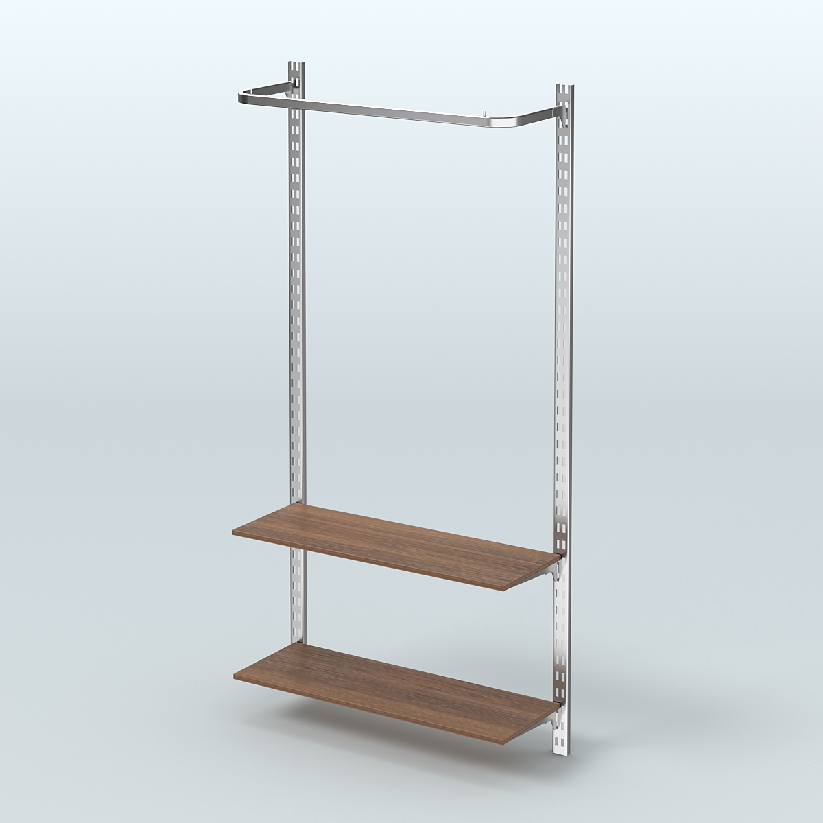 Настенная система для торговли одеждой METAL с поручнем и полками из ДСП без задней стенки шириной 1000 мм №8 Орех