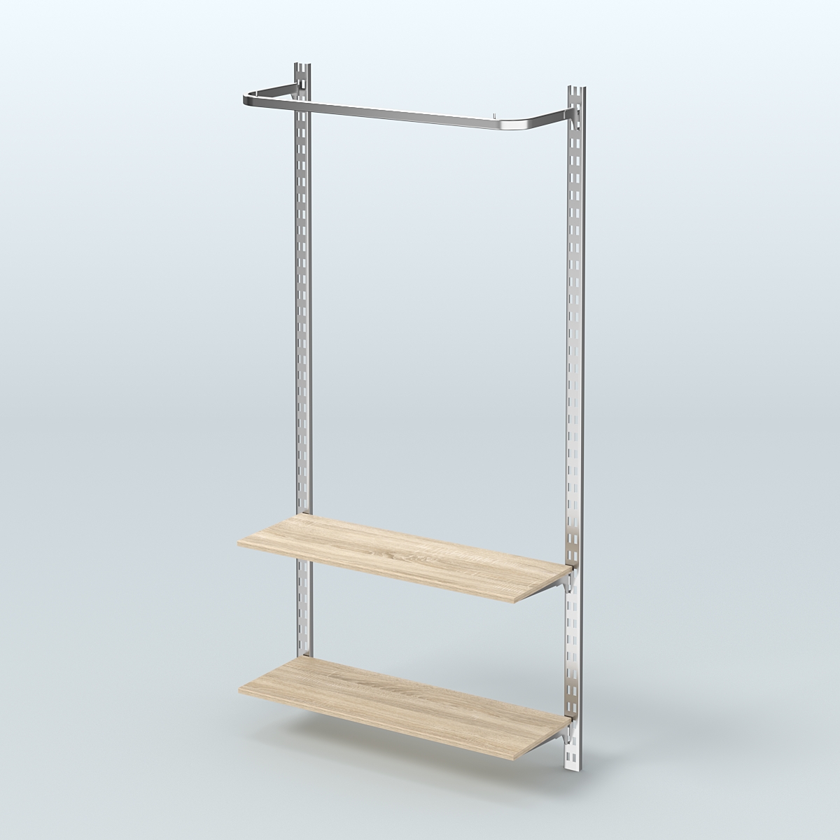 Настенная система для торговли одеждой METAL с поручнем и полками из ДСП без задней стенки шириной 1000 мм №8 Дуб сонома
