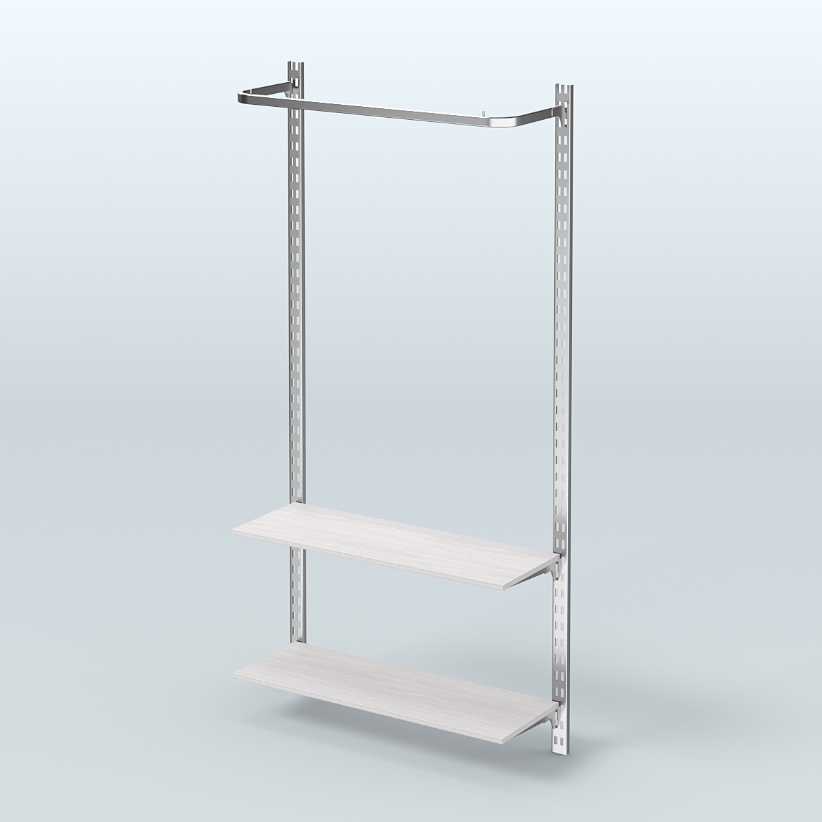 Настенная система для торговли одеждой METAL с поручнем и полками из ДСП без задней стенки шириной 1000 мм №8 Ясень Анкор светлый