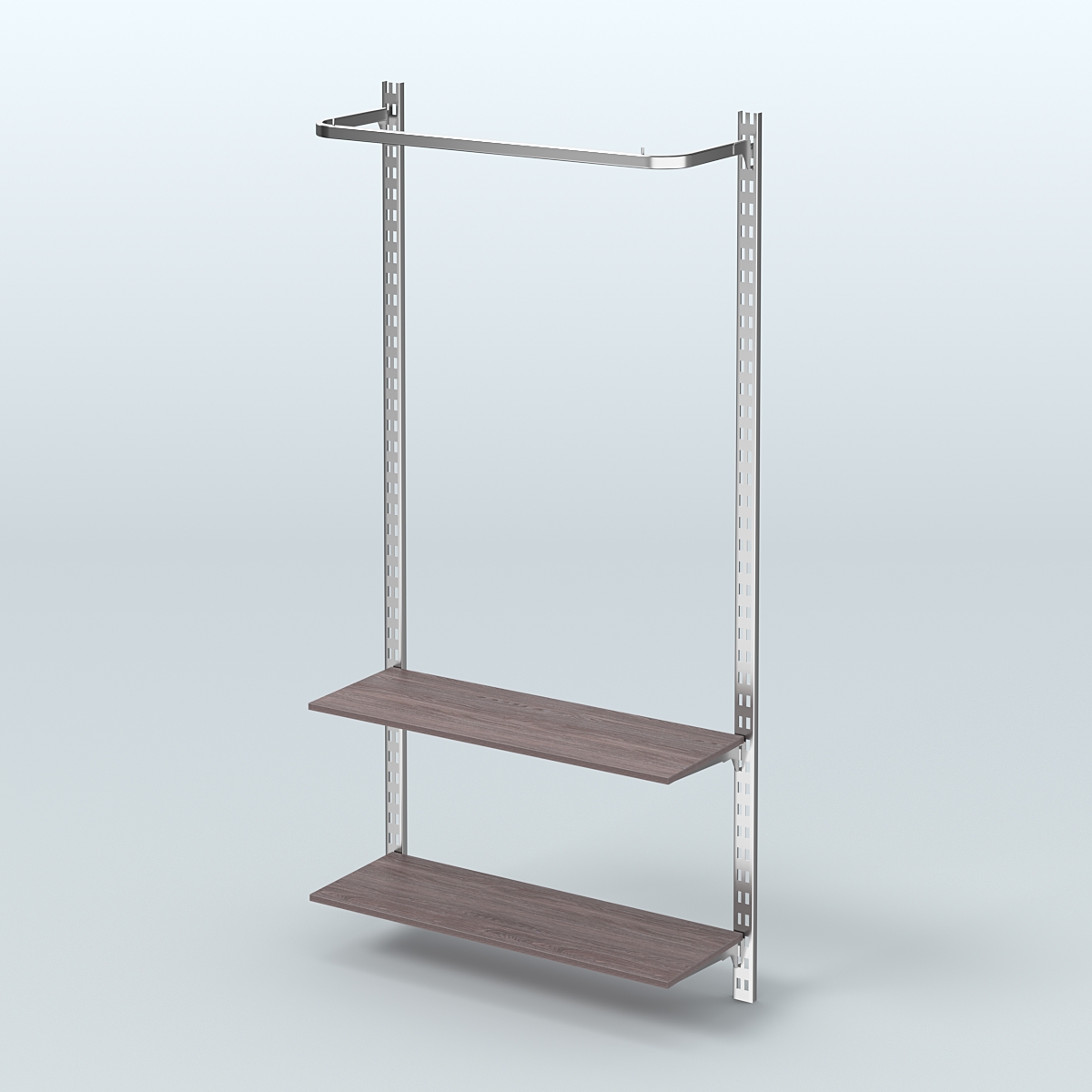 Настенная система для торговли одеждой METAL с поручнем и полками из ДСП без задней стенки шириной 1000 мм №8 Ясень Анкор темный