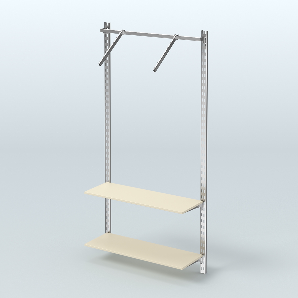 Настенная система для торговли одеждой METAL с пристенным поручнем и полками ДСП без задней стенки шириной 1000 мм №11 Крем Вайс