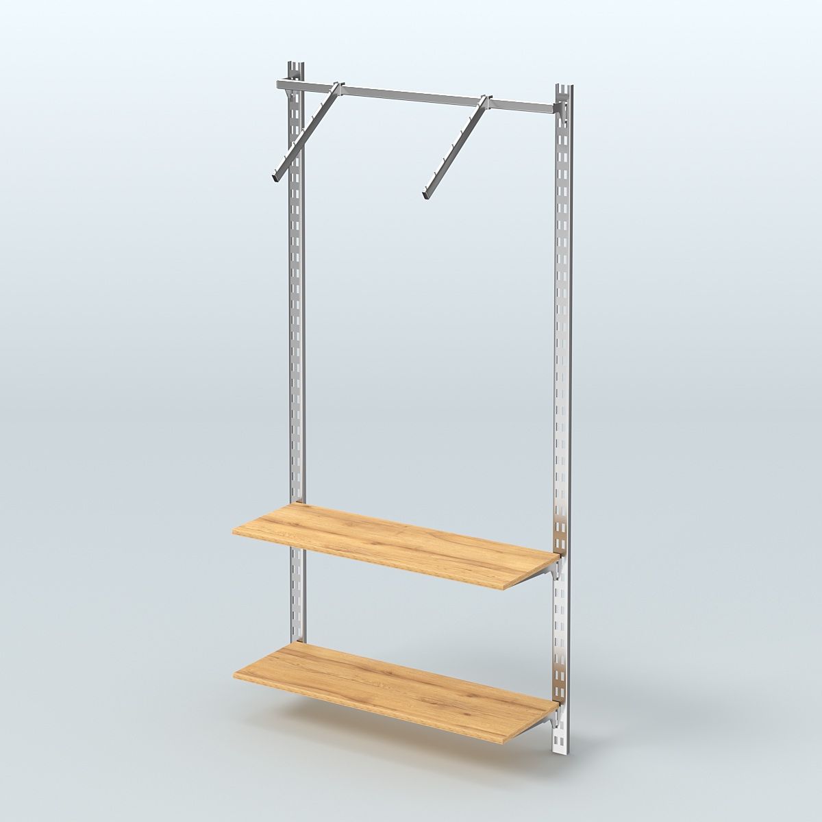 Настенная система для торговли одеждой METAL с пристенным поручнем и полками ДСП без задней стенки шириной 1000 мм №11 Дуб Золотистый