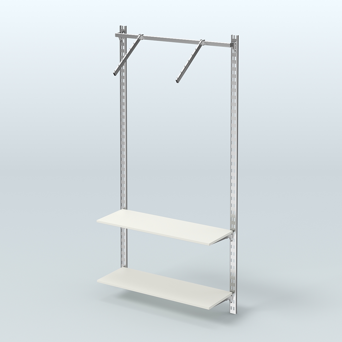 Настенная система для торговли одеждой METAL с пристенным поручнем и полками ДСП без задней стенки шириной 1000 мм №11 Белый