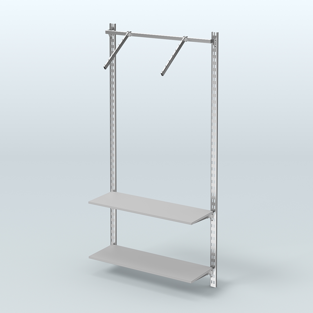 Настенная система для торговли одеждой METAL с пристенным поручнем и полками ДСП без задней стенки шириной 1000 мм №11 Серый