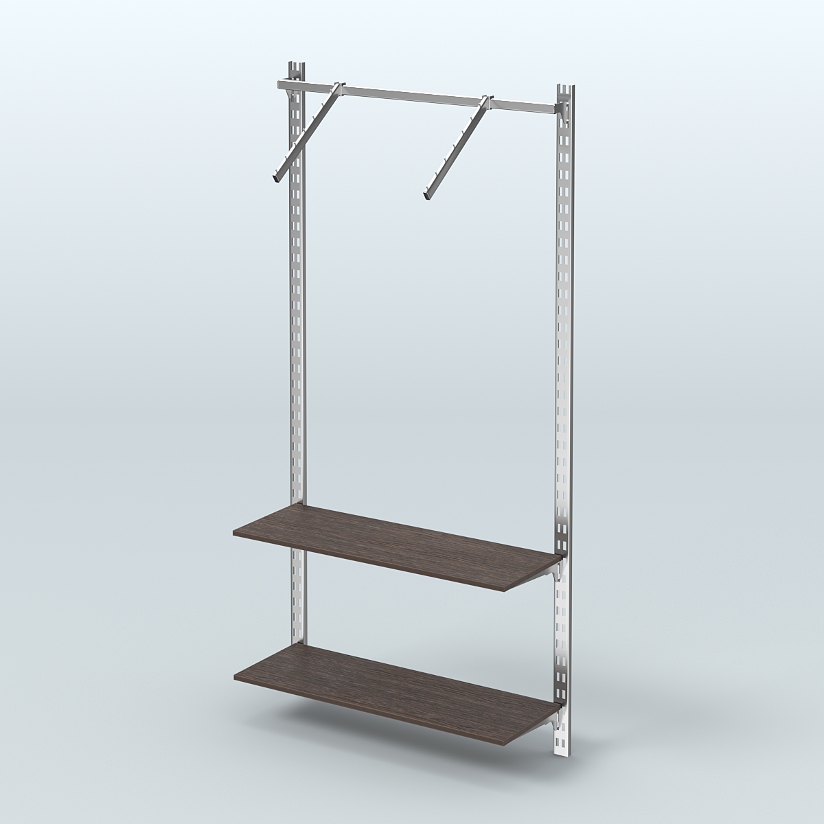 Настенная система для торговли одеждой METAL с пристенным поручнем и полками ДСП без задней стенки шириной 1000 мм №11 Дуб Венге