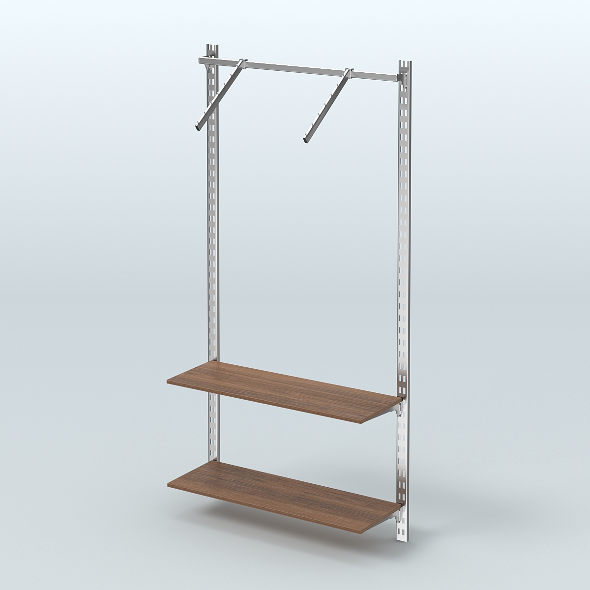 Настенная система для торговли одеждой METAL с пристенным поручнем и полками ДСП без задней стенки шириной 1000 мм №11 Орех