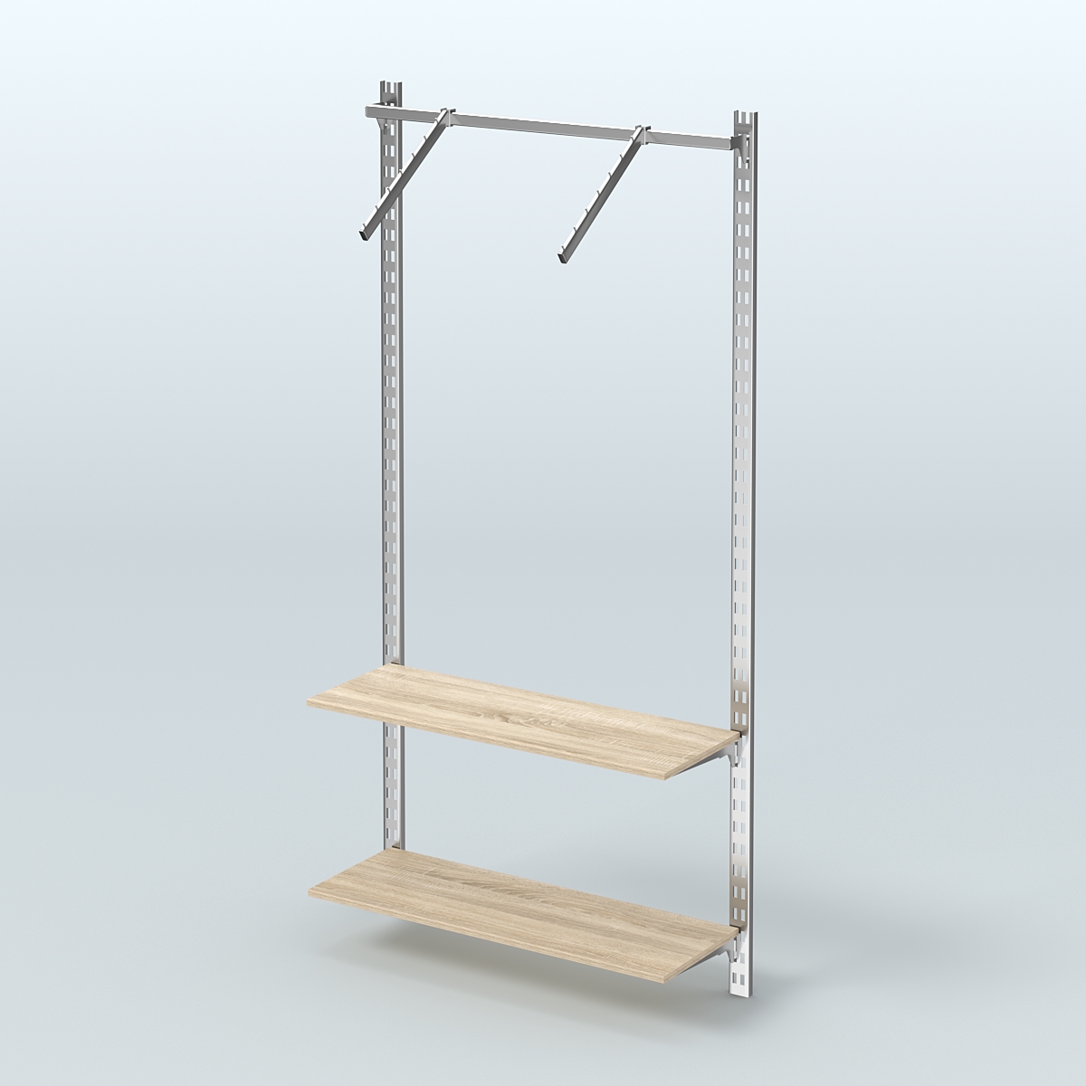 Настенная система для торговли одеждой METAL с пристенным поручнем и полками ДСП без задней стенки шириной 1000 мм №11 Дуб сонома