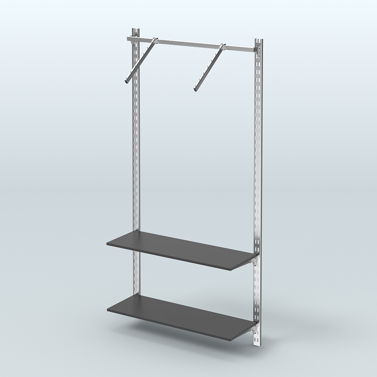 Настенная система для торговли одеждой METAL с пристенным поручнем и полками ДСП без задней стенки шириной 1000 мм №11 Черный