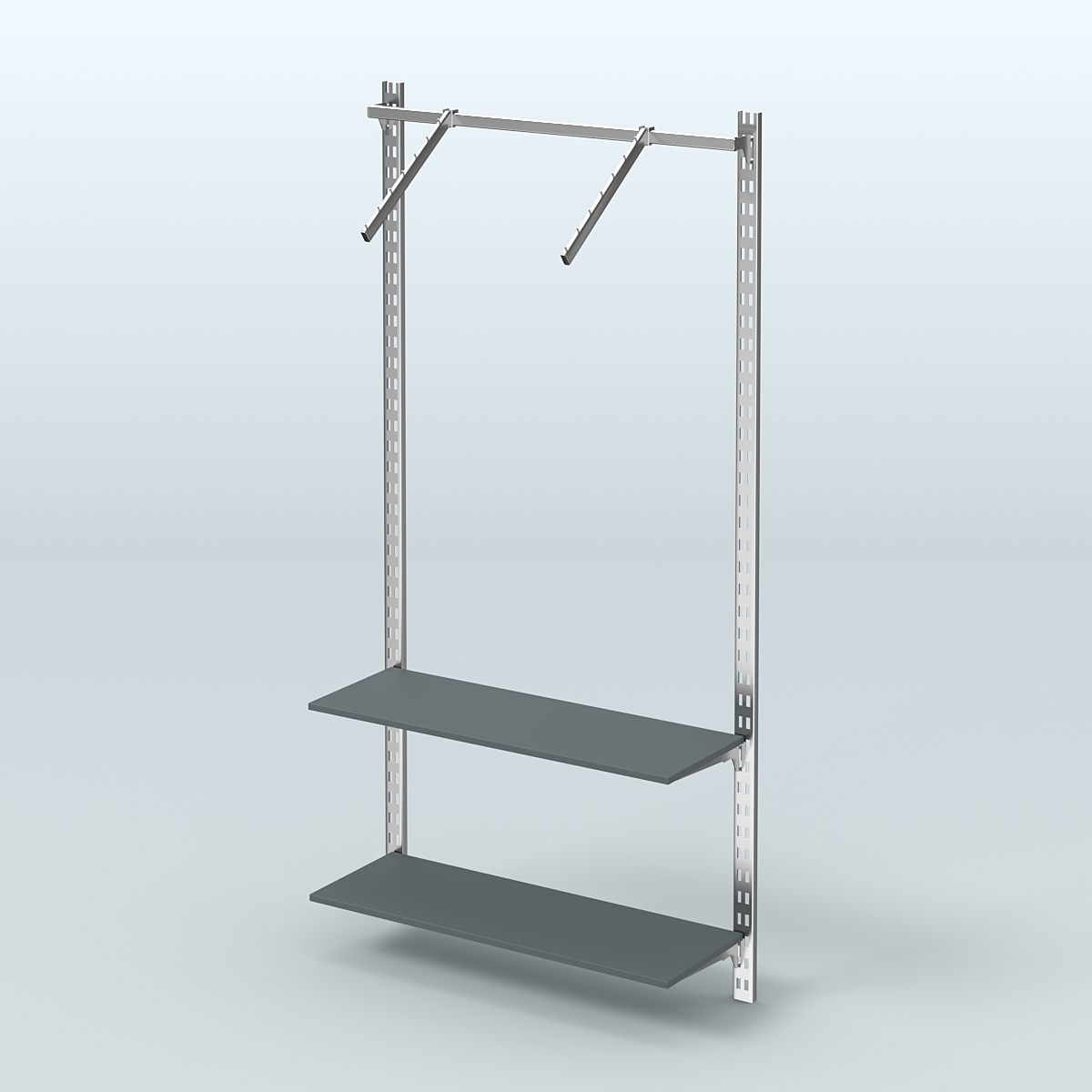 Настенная система для торговли одеждой METAL с пристенным поручнем и полками ДСП без задней стенки шириной 1000 мм №11 Темно-Серый