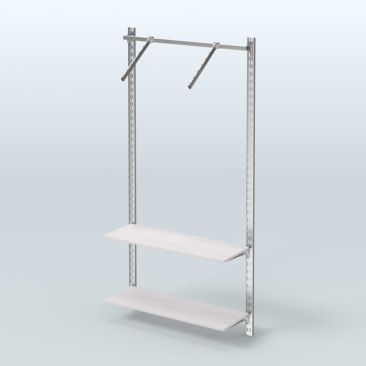 Настенная система для торговли одеждой METAL с пристенным поручнем и полками ДСП без задней стенки шириной 1000 мм №11 Ясень Анкор светлый