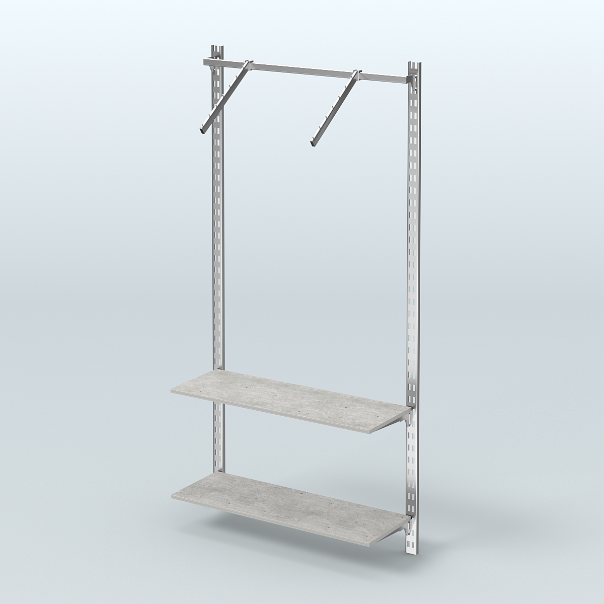 Настенная система для торговли одеждой METAL с пристенным поручнем и полками ДСП без задней стенки шириной 1000 мм №11 Метрополитан Грей