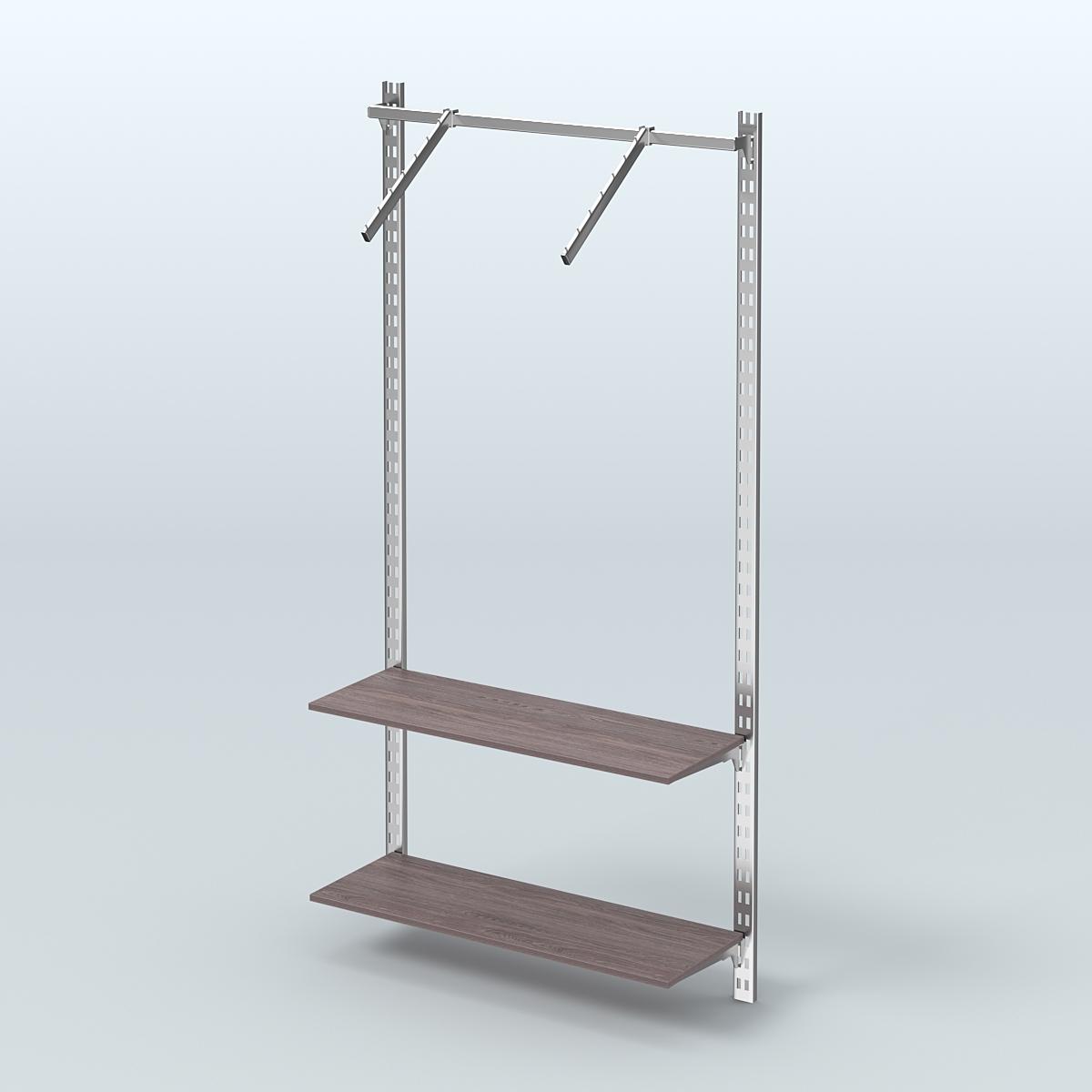 Настенная система для торговли одеждой METAL с пристенным поручнем и полками ДСП без задней стенки шириной 1000 мм №11 Ясень Анкор темный