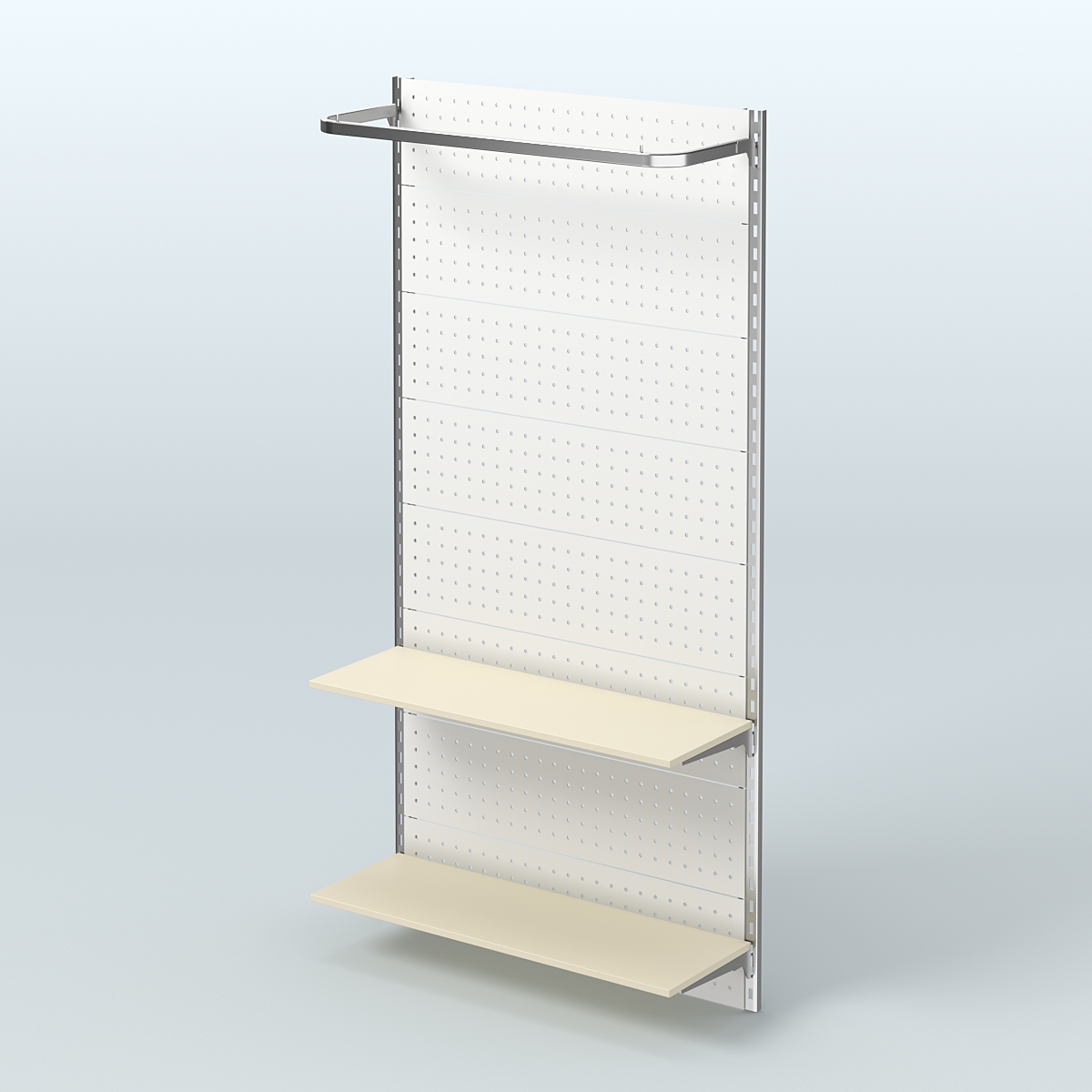 Настенная система для торговли одеждой METAL с задней стенкой, П-образным поручнем и полками ДСП шириной 1000 мм №8 Крем Вайс