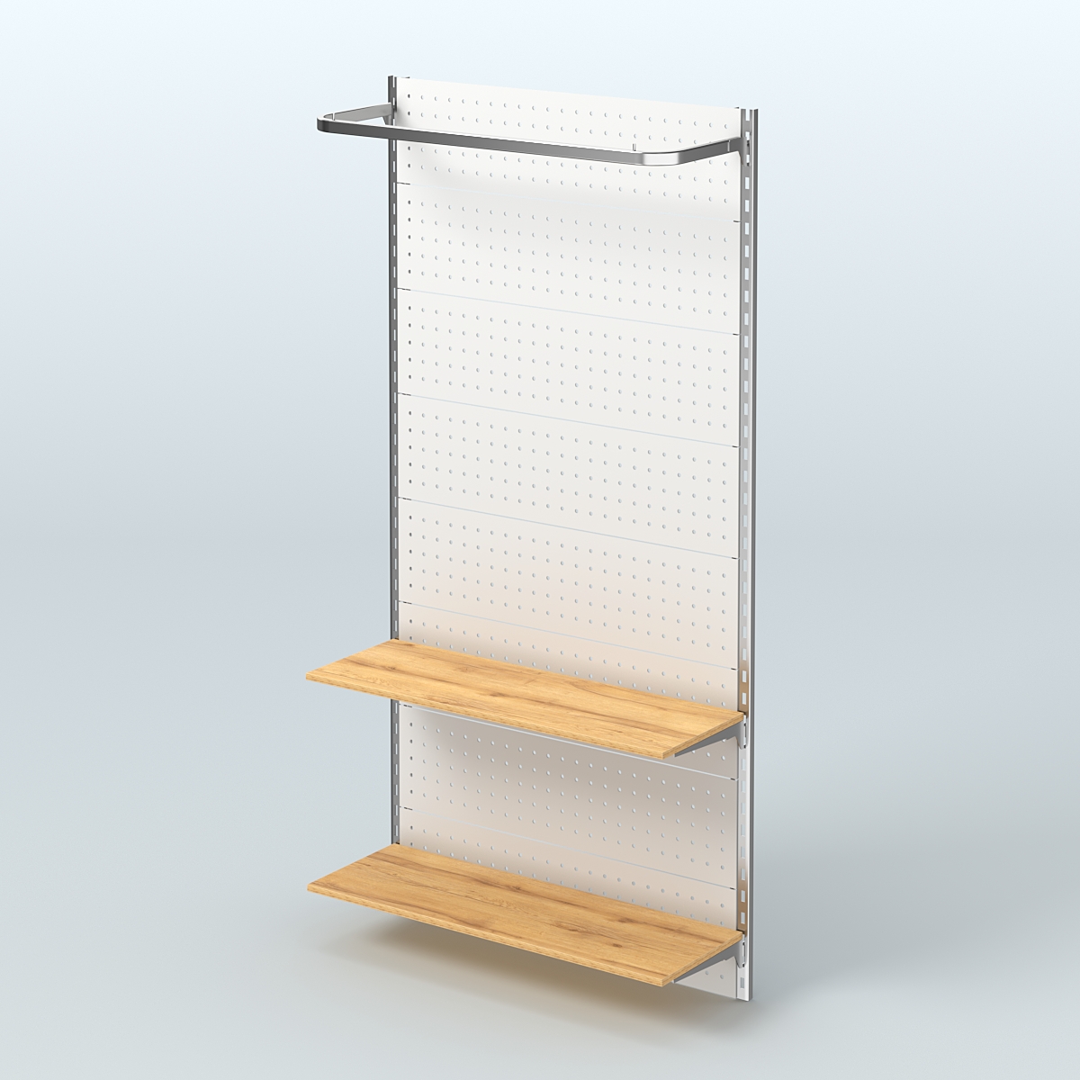 Настенная система для торговли одеждой METAL с задней стенкой, П-образным поручнем и полками ДСП шириной 1000 мм №8 Дуб Золотистый