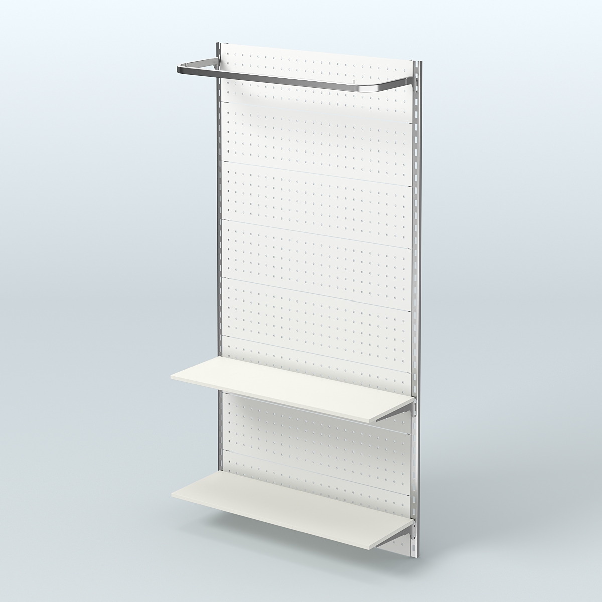 Настенная система для торговли одеждой METAL с задней стенкой, П-образным поручнем и полками ДСП шириной 1000 мм №8 Белый