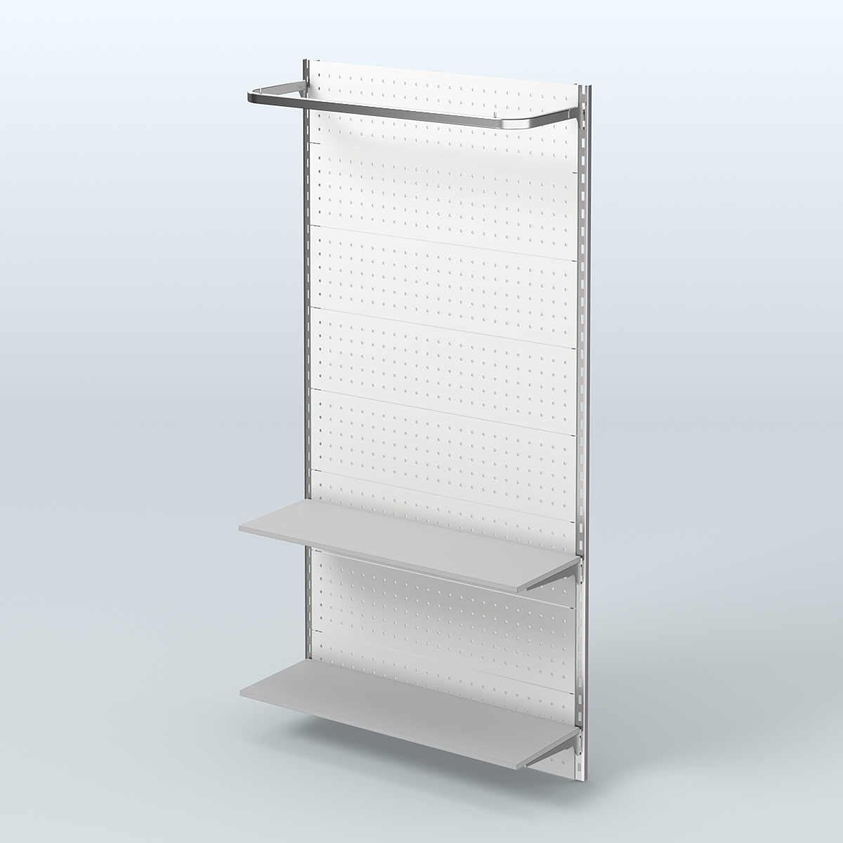 Настенная система для торговли одеждой METAL с задней стенкой, П-образным поручнем и полками ДСП шириной 1000 мм №8 Серый