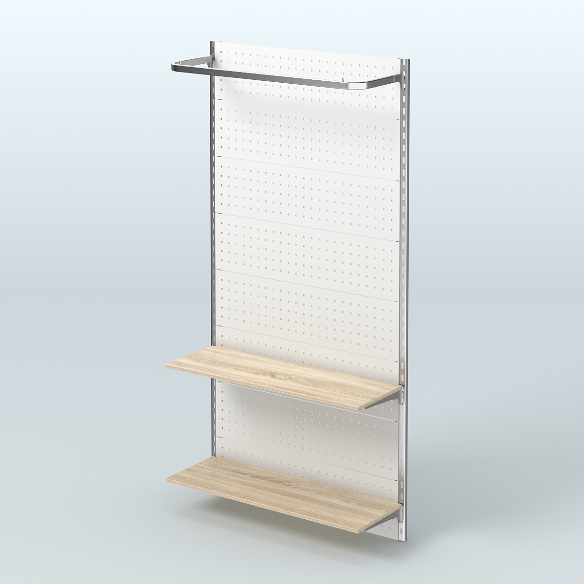 Настенная система для торговли одеждой METAL с задней стенкой, П-образным поручнем и полками ДСП шириной 1000 мм №8 Дуб сонома