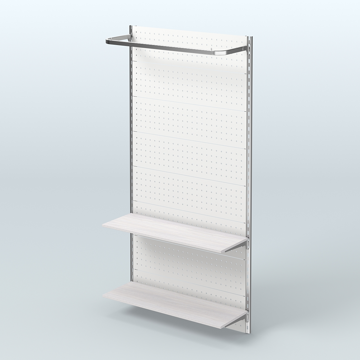 Настенная система для торговли одеждой METAL с задней стенкой, П-образным поручнем и полками ДСП шириной 1000 мм №8 Ясень Анкор светлый