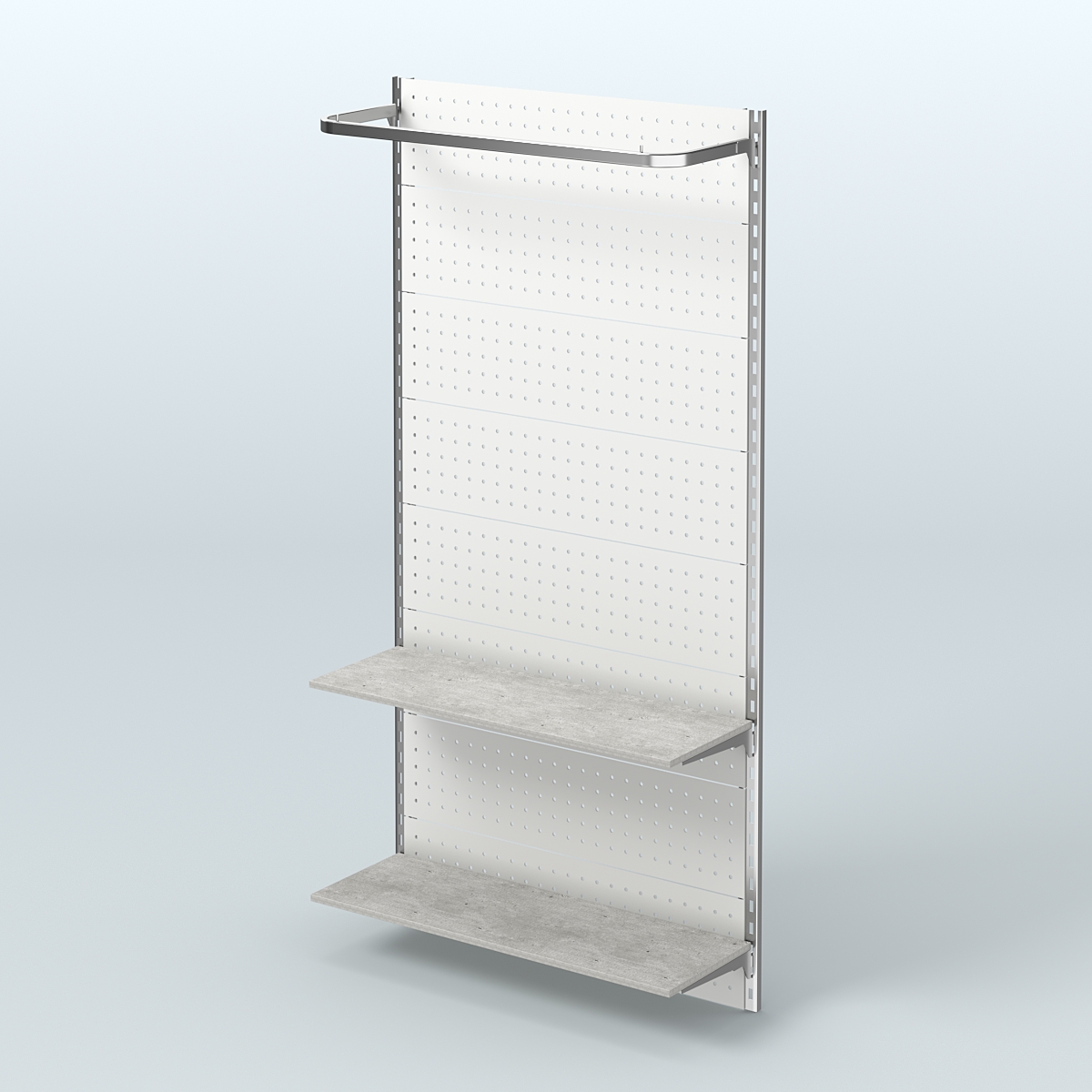 Настенная система для торговли одеждой METAL с задней стенкой, П-образным поручнем и полками ДСП шириной 1000 мм №8 Метрополитан Грей