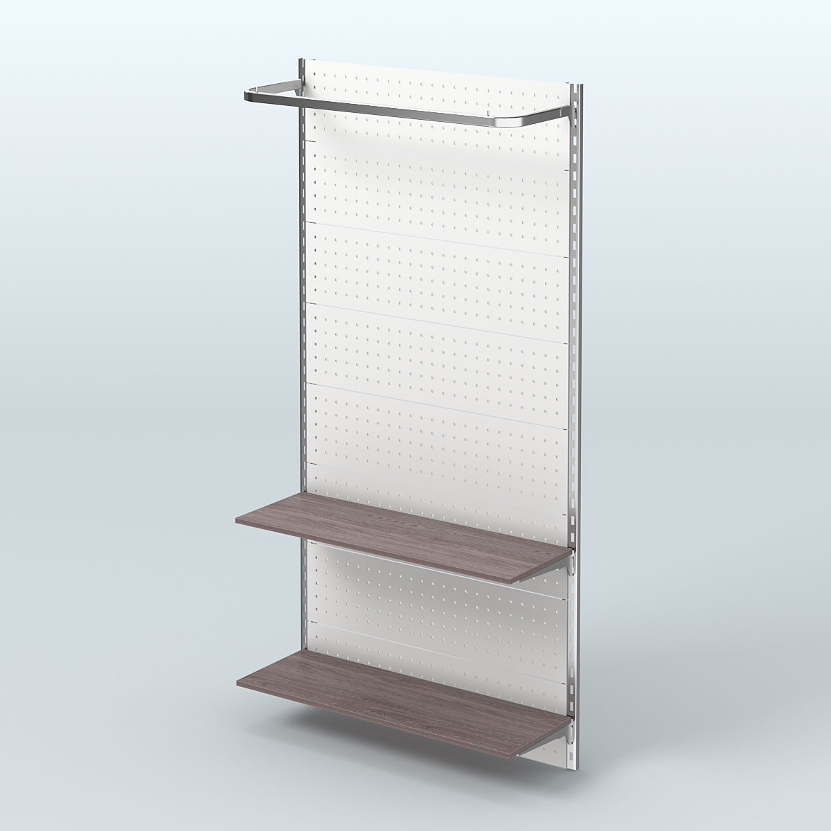 Настенная система для торговли одеждой METAL с задней стенкой, П-образным поручнем и полками ДСП шириной 1000 мм №8 Ясень Анкор темный