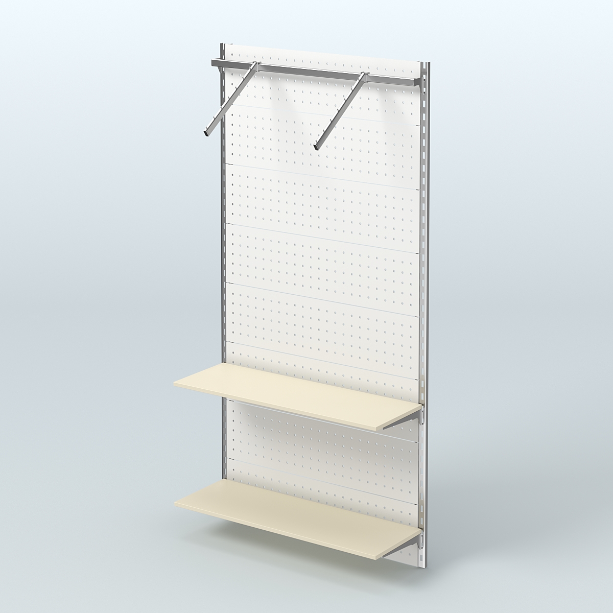 Настенная система для торговли одеждой METAL с задней стенкой, пристенным поручнем и полками из ДСП шириной 1000 мм №11 Крем Вайс