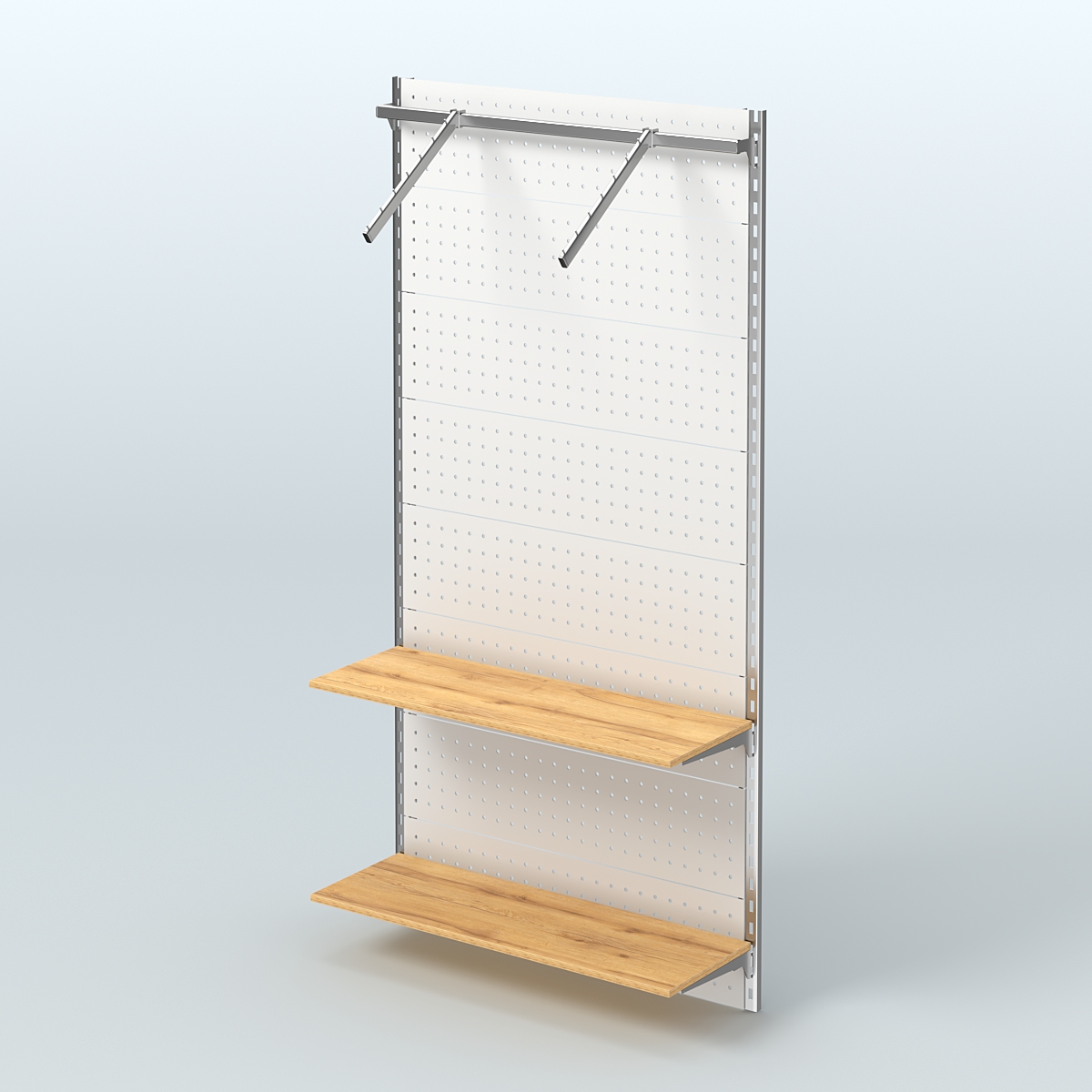 Настенная система для торговли одеждой METAL с задней стенкой, пристенным поручнем и полками из ДСП шириной 1000 мм №11 Дуб Золотистый