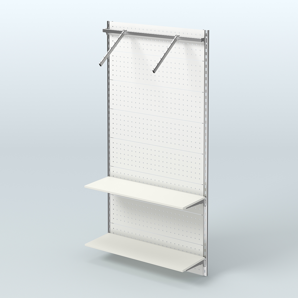 Настенная система для торговли одеждой METAL с задней стенкой, пристенным поручнем и полками из ДСП шириной 1000 мм №11 Белый