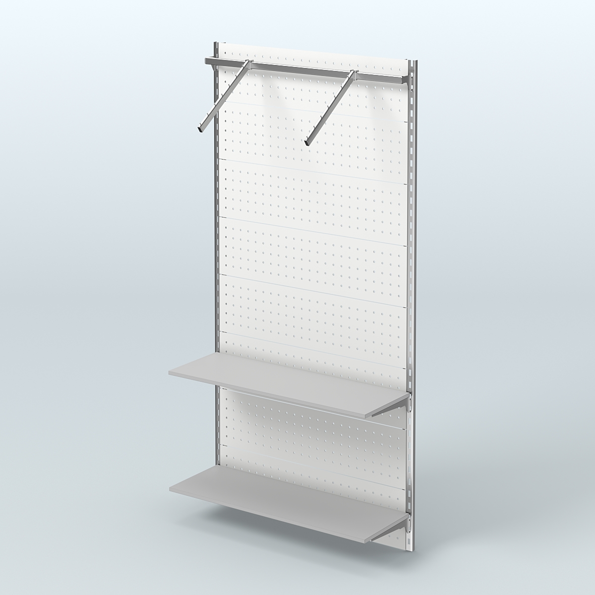 Настенная система для торговли одеждой METAL с задней стенкой, пристенным поручнем и полками из ДСП шириной 1000 мм №11 Серый
