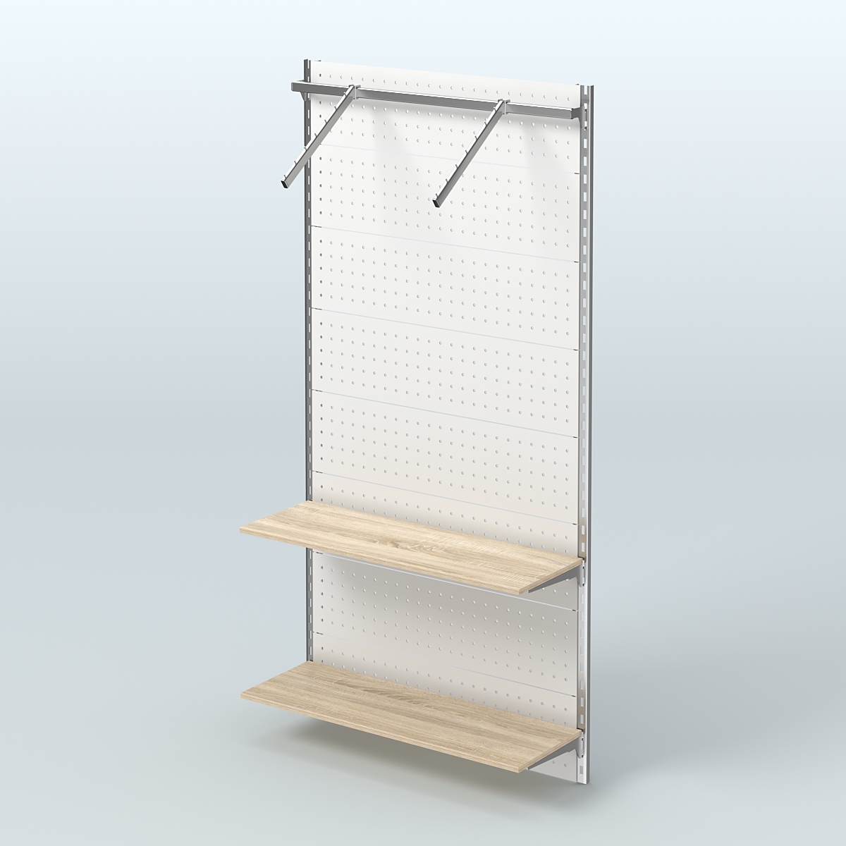 Настенная система для торговли одеждой METAL с задней стенкой, пристенным поручнем и полками из ДСП шириной 1000 мм №11 Дуб сонома
