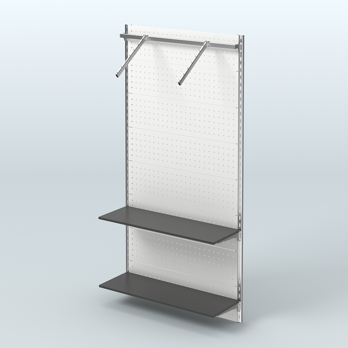 Настенная система для торговли одеждой METAL с задней стенкой, пристенным поручнем и полками из ДСП шириной 1000 мм №11 Черный
