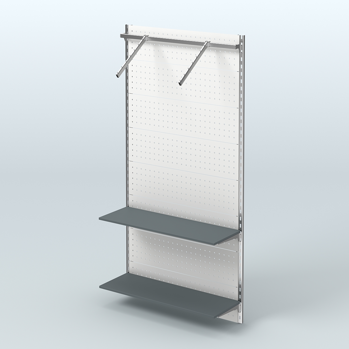 Настенная система для торговли одеждой METAL с задней стенкой, пристенным поручнем и полками из ДСП шириной 1000 мм №11 Темно-Серый