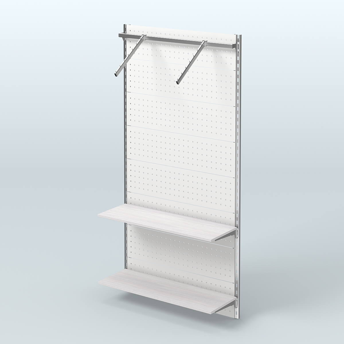 Настенная система для торговли одеждой METAL с задней стенкой, пристенным поручнем и полками из ДСП шириной 1000 мм №11 Ясень Анкор светлый