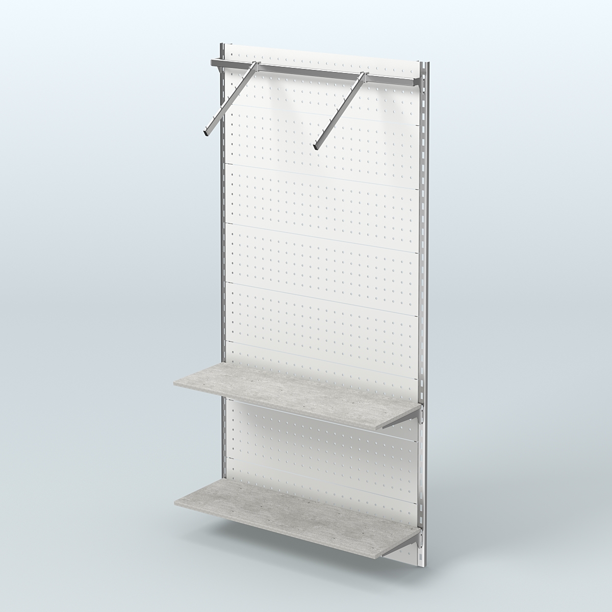 Настенная система для торговли одеждой METAL с задней стенкой, пристенным поручнем и полками из ДСП шириной 1000 мм №11 Метрополитан Грей