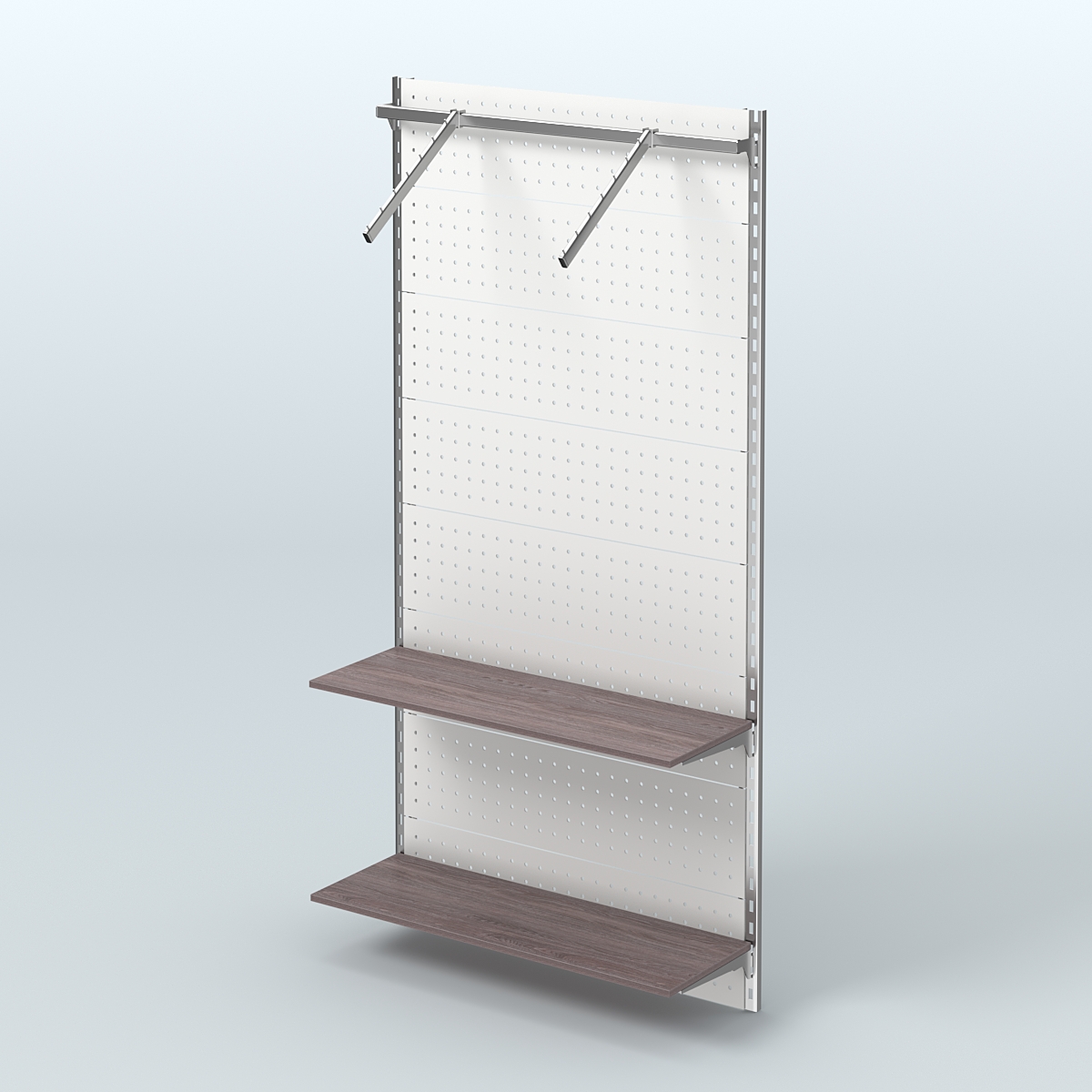 Настенная система для торговли одеждой METAL с задней стенкой, пристенным поручнем и полками из ДСП шириной 1000 мм №11 Ясень Анкор темный