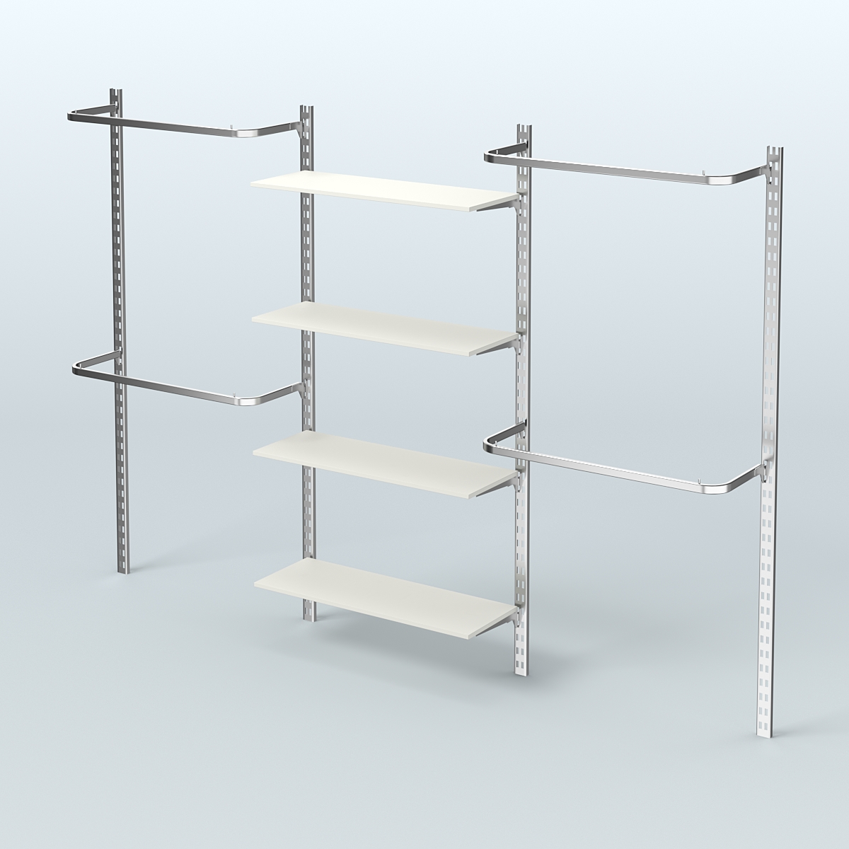 Настенная система для торговли одеждой METAL без задней стенки шириной 3000 мм с П-образными поручнями и четырьмя полками из ДСП №8 Белый