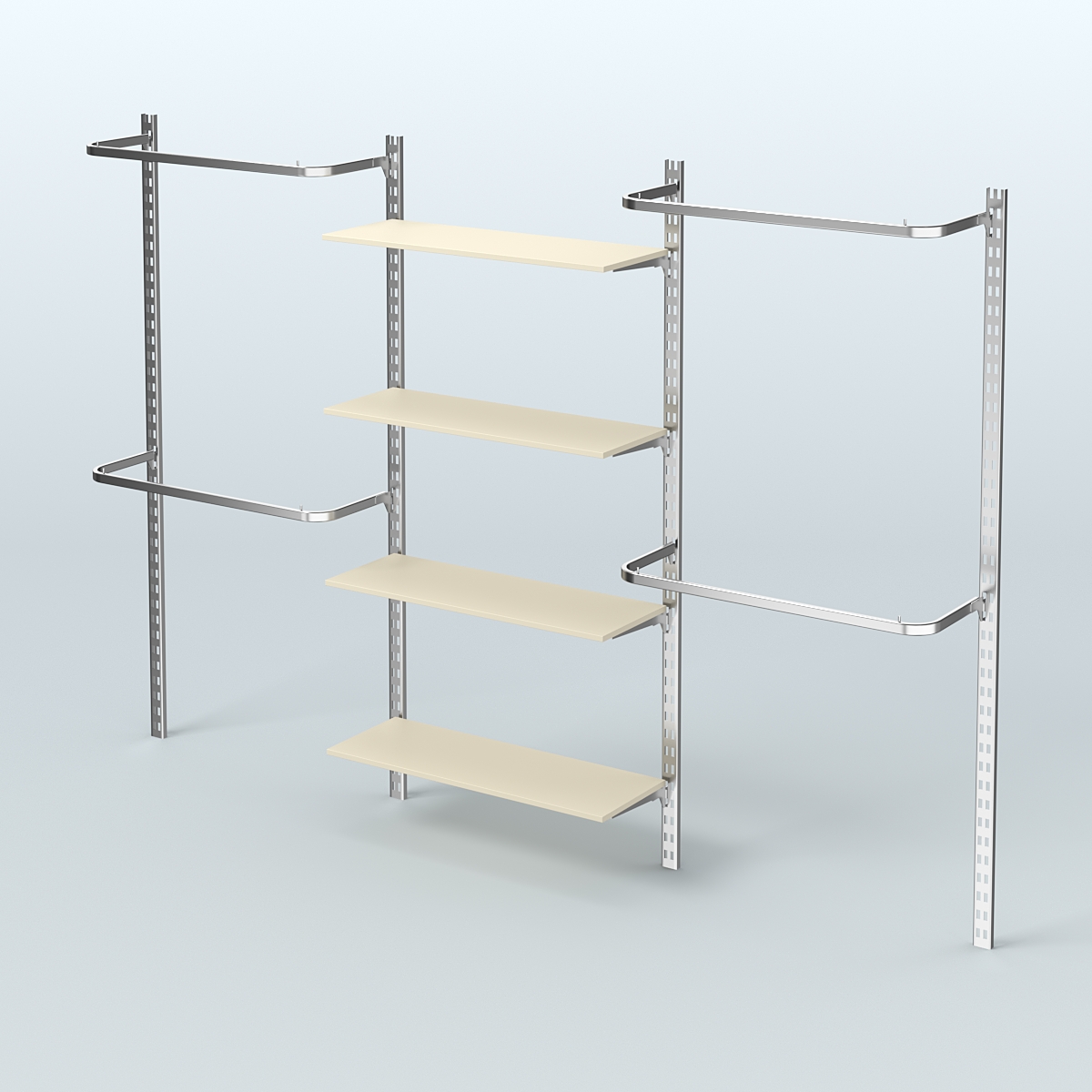 Настенная система для торговли одеждой METAL без задней стенки шириной 3000 мм с П-образными поручнями и четырьмя полками из ДСП №8 Крем Вайс
