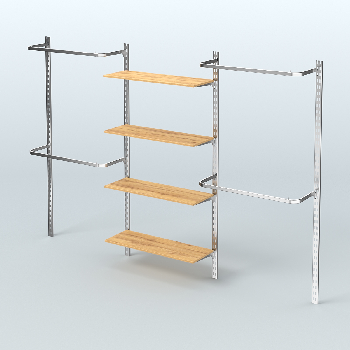 Настенная система для торговли одеждой METAL без задней стенки шириной 3000 мм с П-образными поручнями и четырьмя полками из ДСП №8 Дуб Золотистый