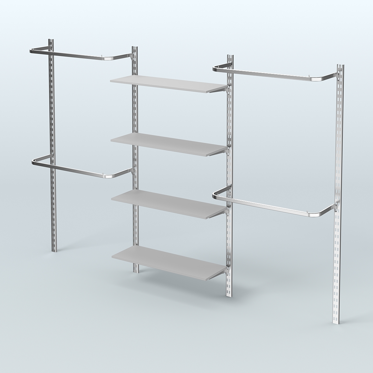 Настенная система для торговли одеждой METAL без задней стенки шириной 3000 мм с П-образными поручнями и четырьмя полками из ДСП №8 Серый