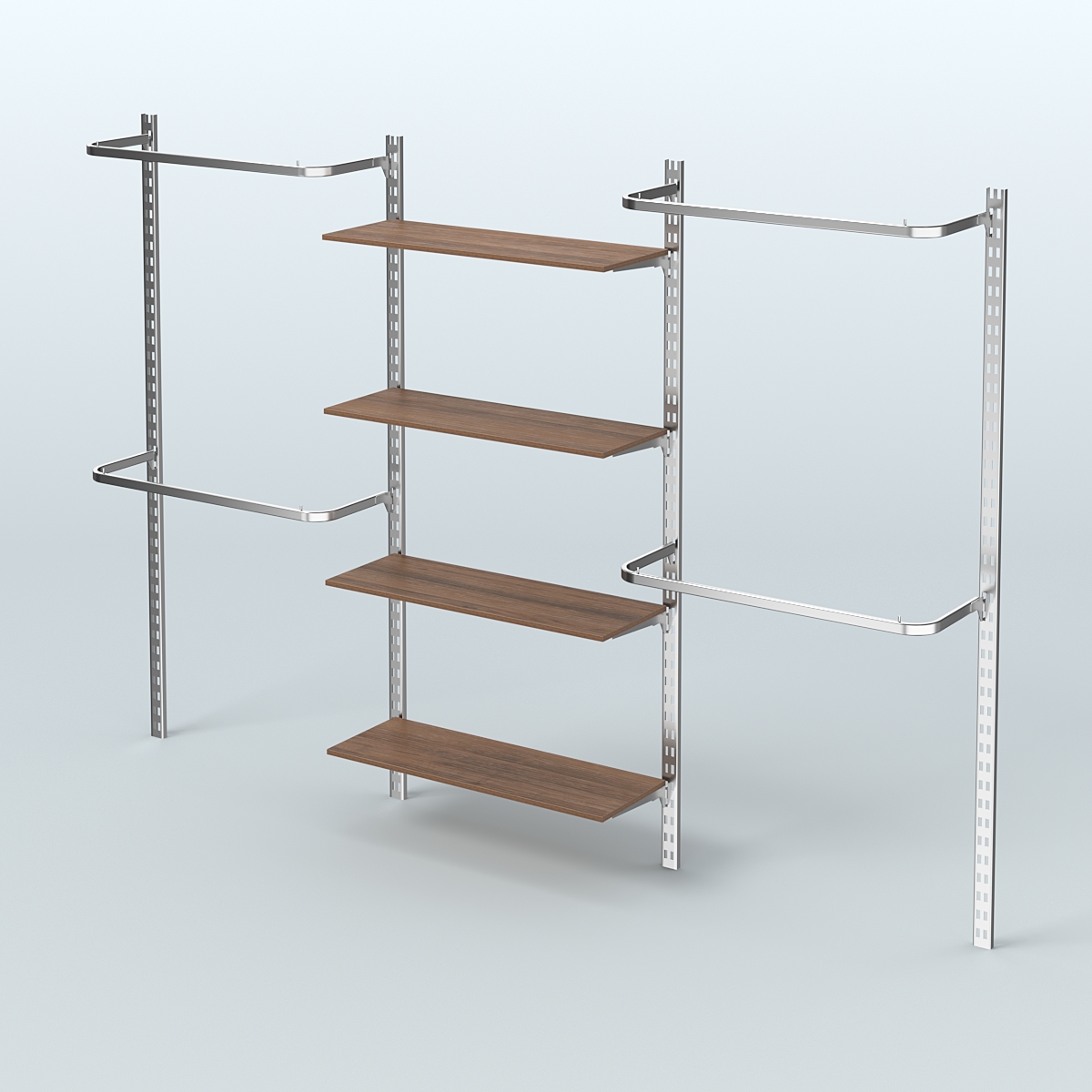 Настенная система для торговли одеждой METAL без задней стенки шириной 3000 мм с П-образными поручнями и четырьмя полками из ДСП №8 Орех