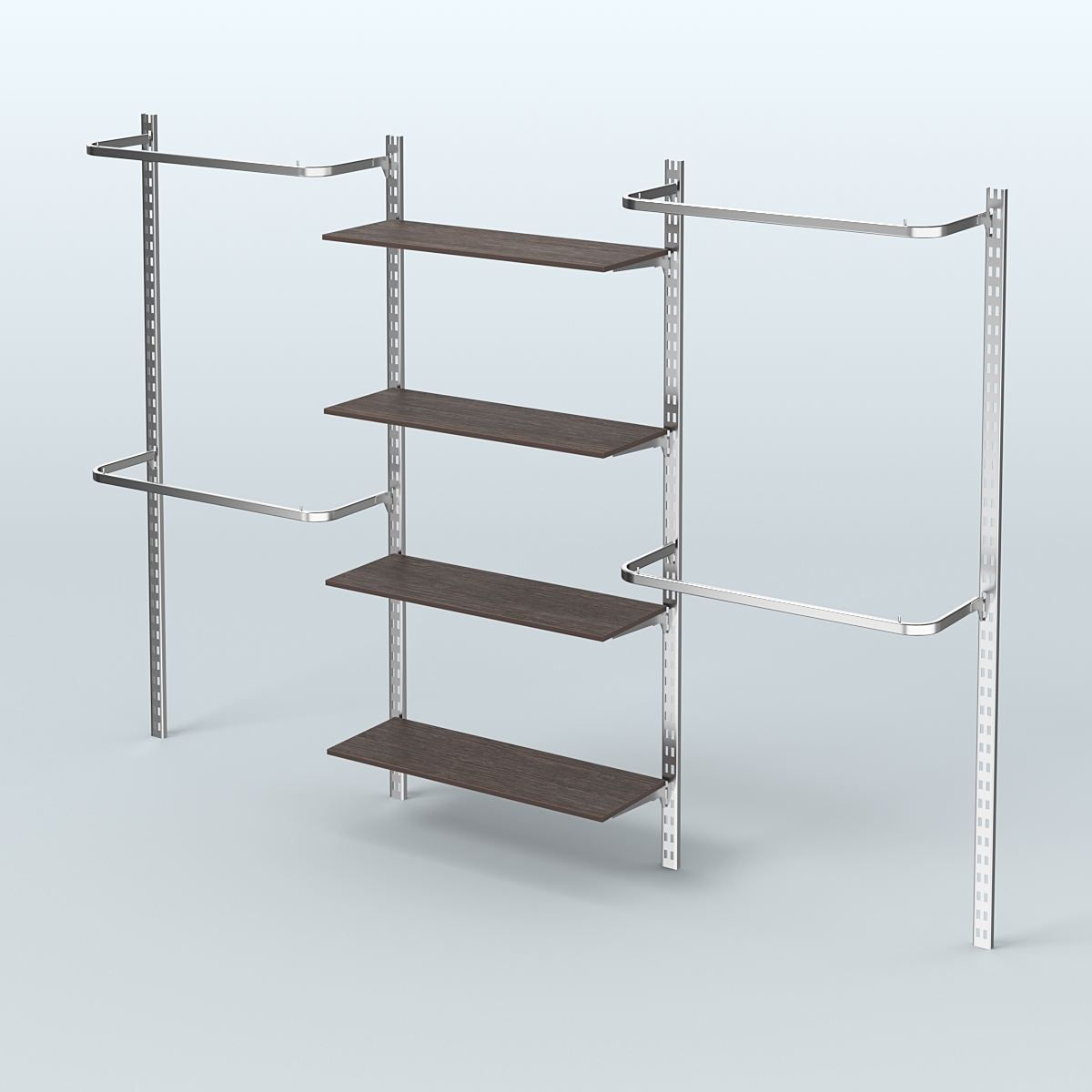 Настенная система для торговли одеждой METAL без задней стенки шириной 3000 мм с П-образными поручнями и четырьмя полками из ДСП №8 Дуб Венге
