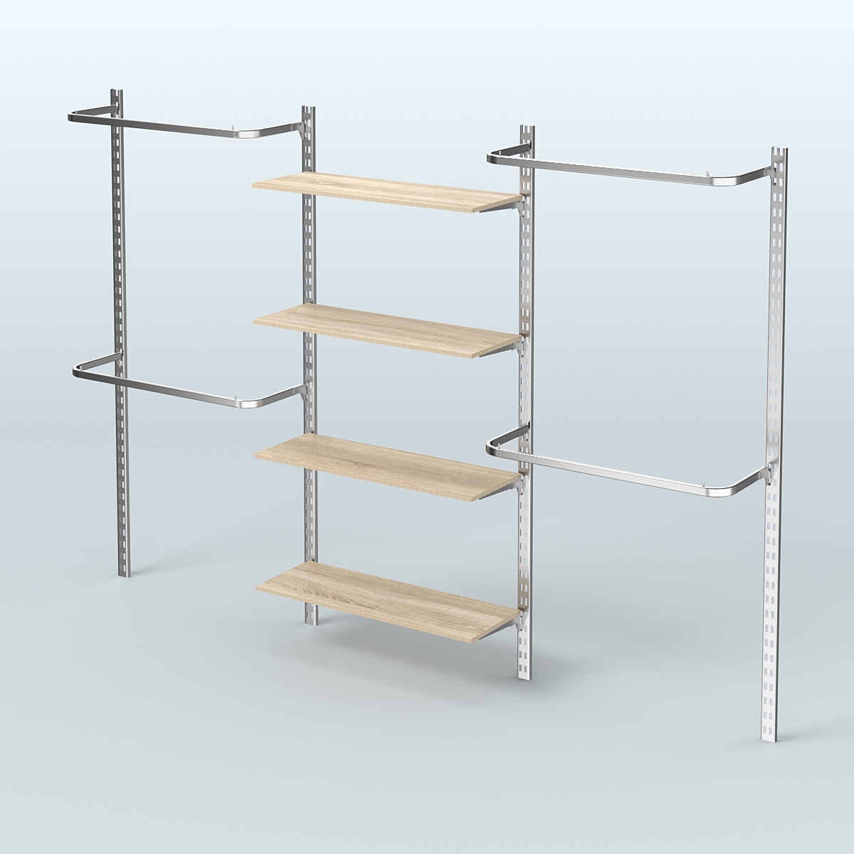 Настенная система для торговли одеждой METAL без задней стенки шириной 3000 мм с П-образными поручнями и четырьмя полками из ДСП №8 Дуб сонома