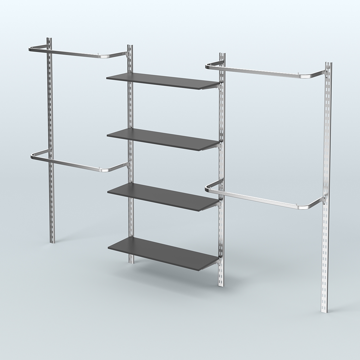 Настенная система для торговли одеждой METAL без задней стенки шириной 3000 мм с П-образными поручнями и четырьмя полками из ДСП №8 Черный