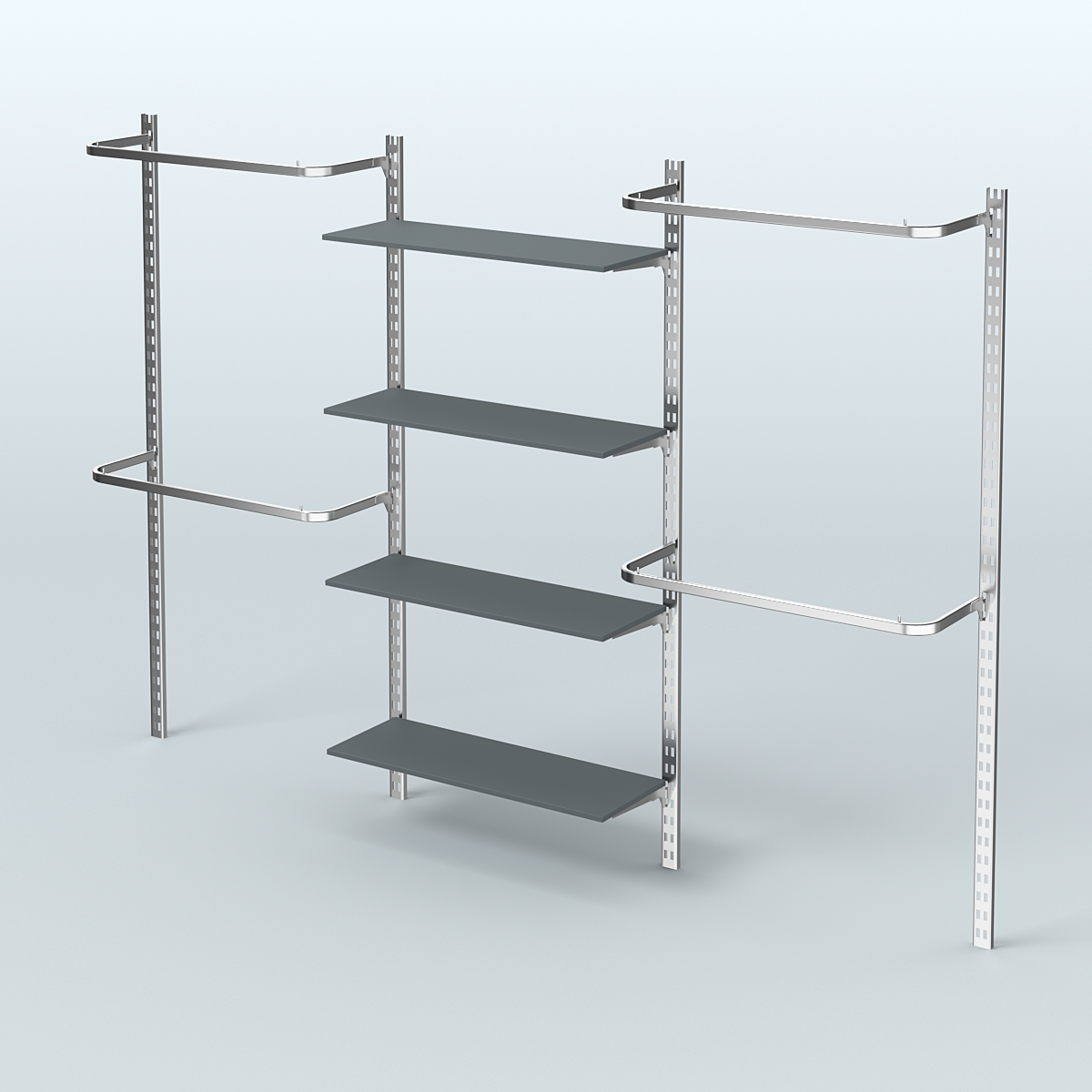 Настенная система для торговли одеждой METAL без задней стенки шириной 3000 мм с П-образными поручнями и четырьмя полками из ДСП №8 Темно-Серый
