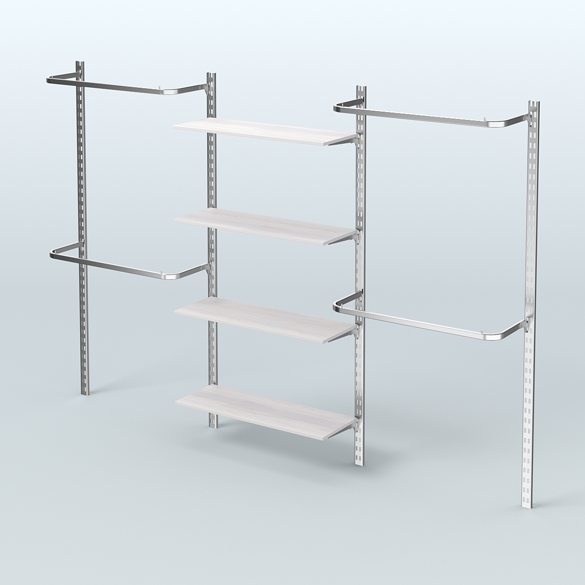Настенная система для торговли одеждой METAL без задней стенки шириной 3000 мм с П-образными поручнями и четырьмя полками из ДСП №8 Ясень Анкор светлый