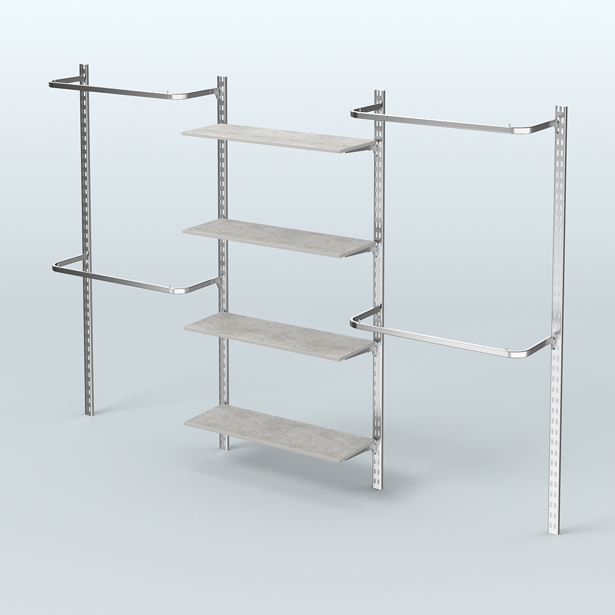 Настенная система для торговли одеждой METAL без задней стенки шириной 3000 мм с П-образными поручнями и четырьмя полками из ДСП №8 Метрополитан Грей