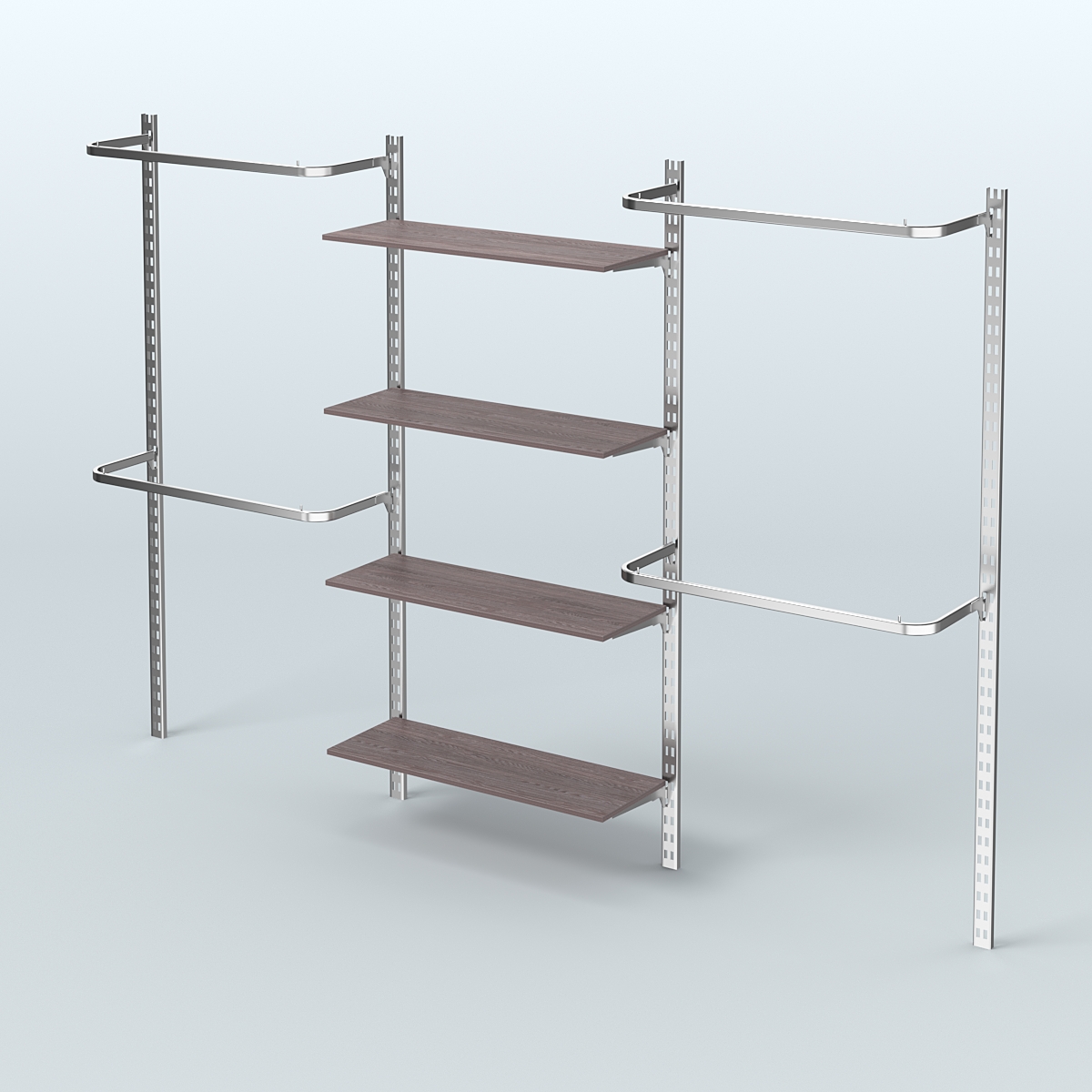 Настенная система для торговли одеждой METAL без задней стенки шириной 3000 мм с П-образными поручнями и четырьмя полками из ДСП №8 Ясень Анкор темный