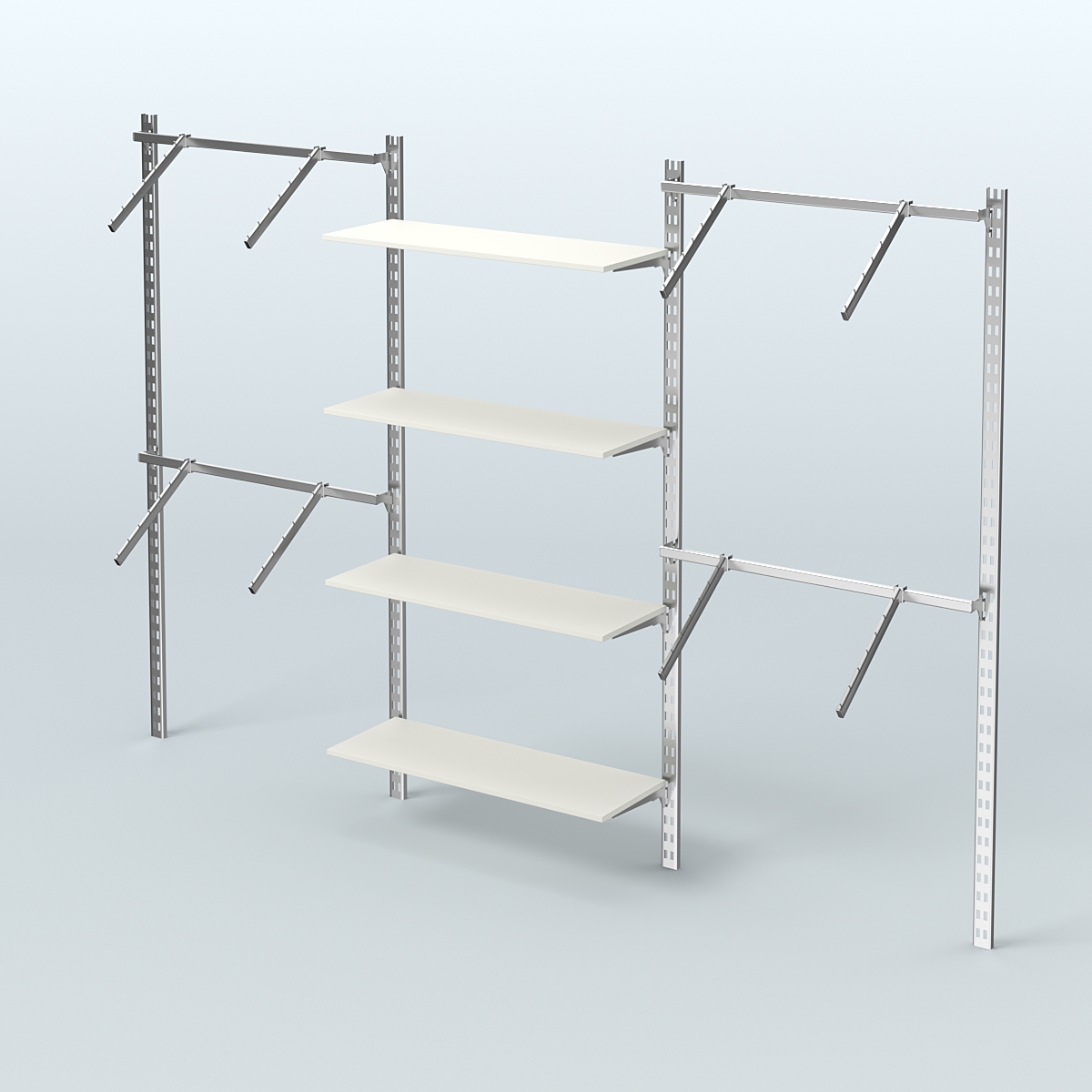 Настенная система для торговли одеждой METAL без задней стенки шириной 3000 мм с пристенными поручнями и полками ДСП №9 Белый